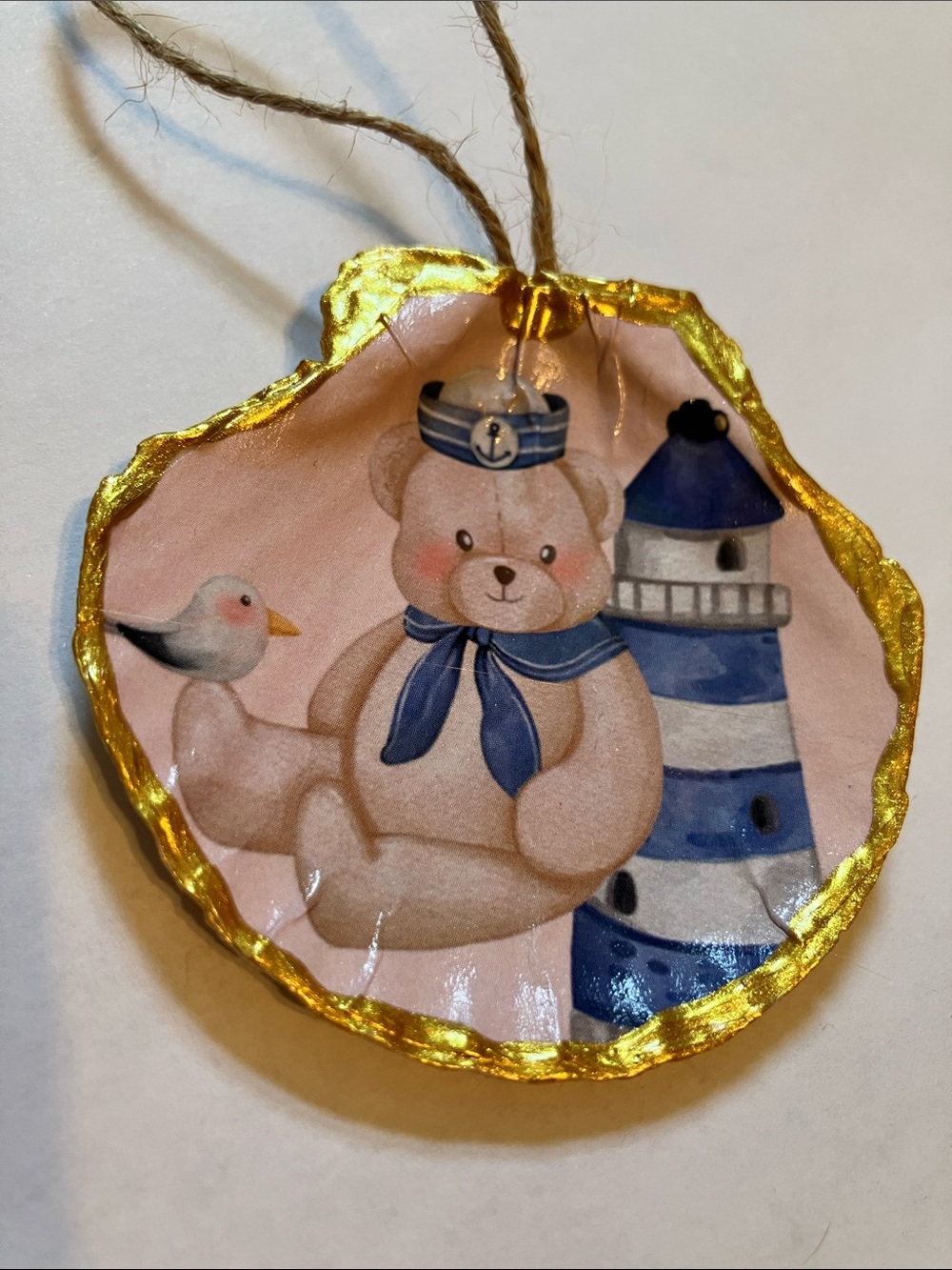 Handcrafted Seashell Ornament Sailor Bear Decoupage 3 inch